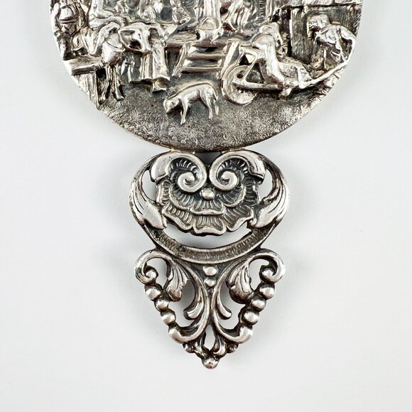 Vintage Denmark HANS JENSEN Silver Plated Hand Purse Mirror Village Tavern Scene - Picture 3 of 6